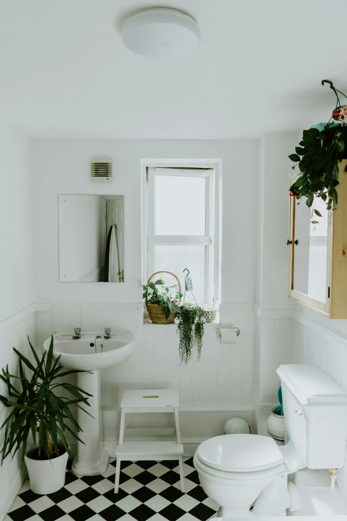 A bright bathroom with a clean vanity and walk-in shower