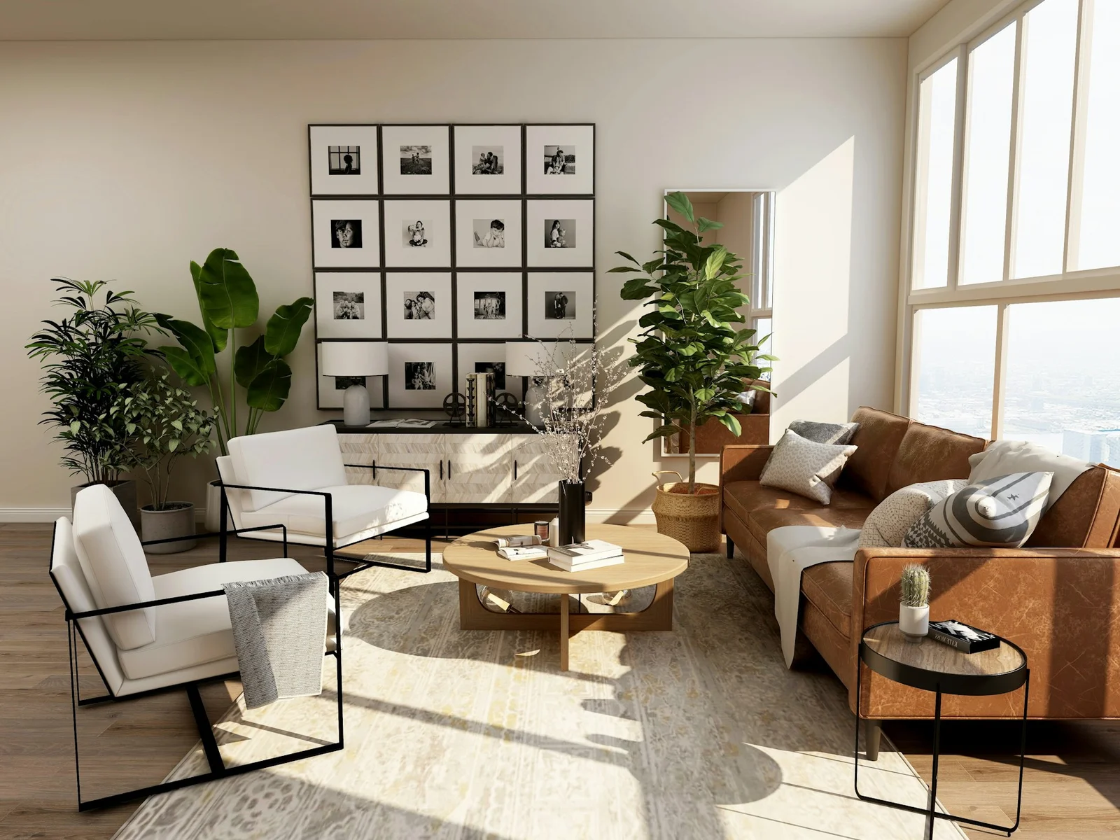 A comfortable living room filled with natural light